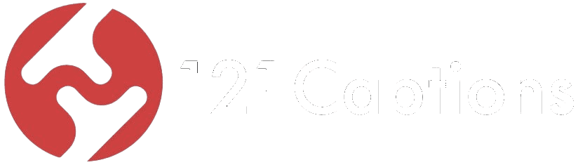 Red abstract circular logo next to the white text "121 Captions" on a transparent background.