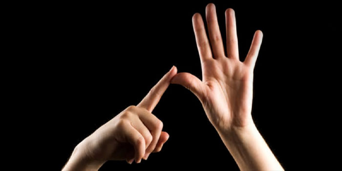 Two hands against a black background; one hand is open with five fingers spread, while the other touches its thumb, illustrating the number six in a way often used by a BSL interpreter.