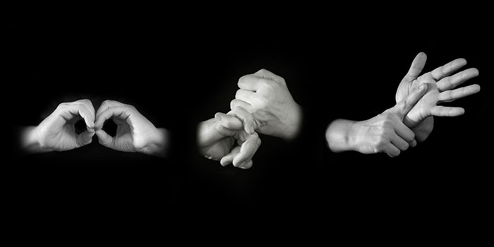 Three pairs of hands, like those of a BSL interpreter, demonstrate gestures against a black background: a heart shape, clasped hands, and one hand pointing to the other palm.