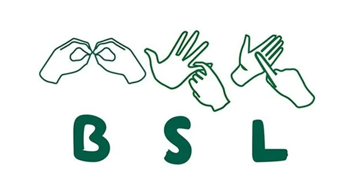 Illustration showing the british Sign Language (BSL) finger-spelling for the letters B, S, and L above their corresponding text letters.