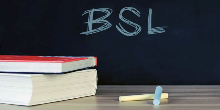 Two chalk pieces and two closed books are on a desk in front of a blackboard with "BSL" written on it, signifying British Sign Language.