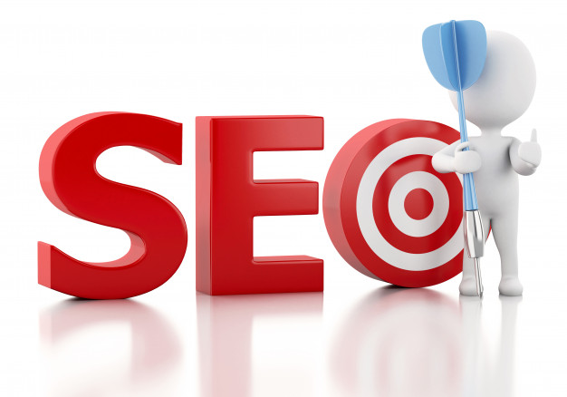 A 3D figure holds a dart aiming at the letter "O" in the word "SEO," depicted as a target, symbolizing efforts to boost your SEO.