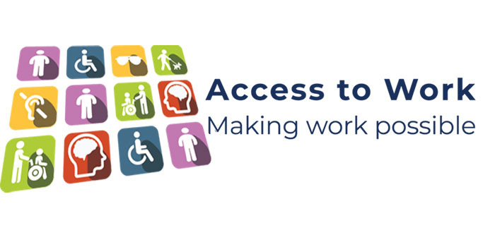 Nine disability-related icons in colored squares appear beside the text "Access to Work: Making work possible" on a white background, highlighting the importance of accessible employment through the UK’s Access to Work initiative.