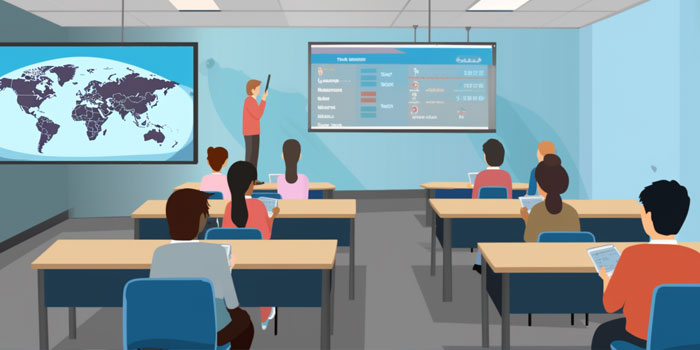 Illustration of a classroom with students at desks using tablets while a teacher points at a large screen displaying data charts, statistics, and captions for education. A world map appears on another screen.