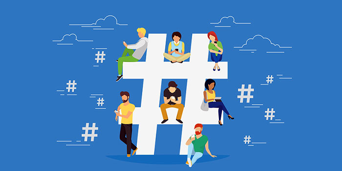Illustration of six people interacting on a large white hashtag symbol against a blue background, with smaller hashtags and cloud outlines—perfect for showcasing business captions for social media.