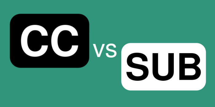 Black "CC" and white "SUB" icons on a green background with "vs" between them, illustrating the difference between captioning and subtitling.