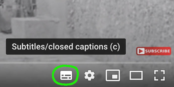 A video player interface with the subtitles/closed captions button circled in green, highlighting offline captions support, and a subscribe button visible.