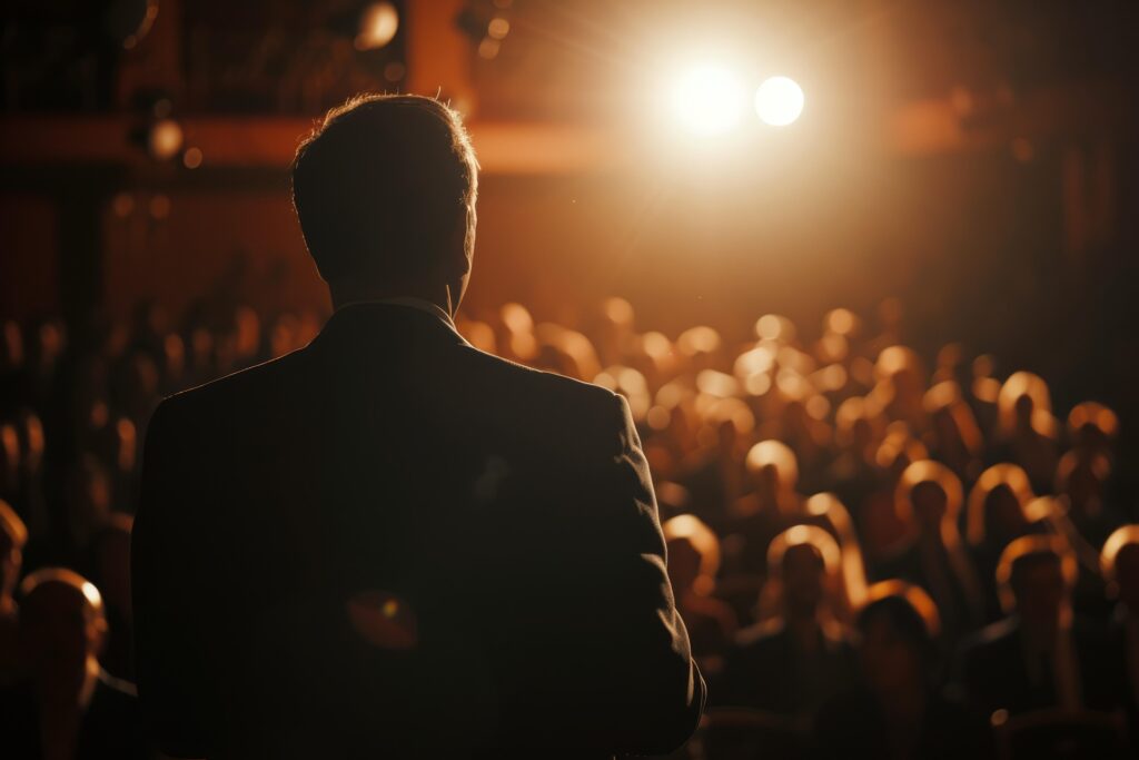 A man in a suit stands on stage, facing an audience in a dimly lit auditorium, as bright media lights shine from behind him.