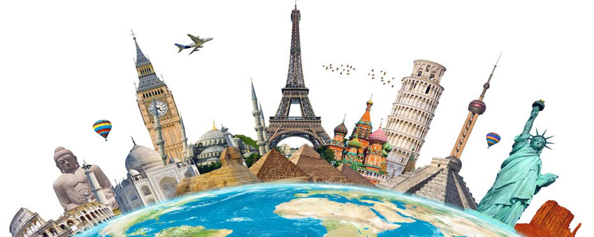 Illustration of famous global landmarks such as the Eiffel Tower, Big Ben, Statue of Liberty, and Leaning Tower of Pisa around the Earth, with hot air balloons and an airplane in a Deaf-Friendly Travel themed sky.
