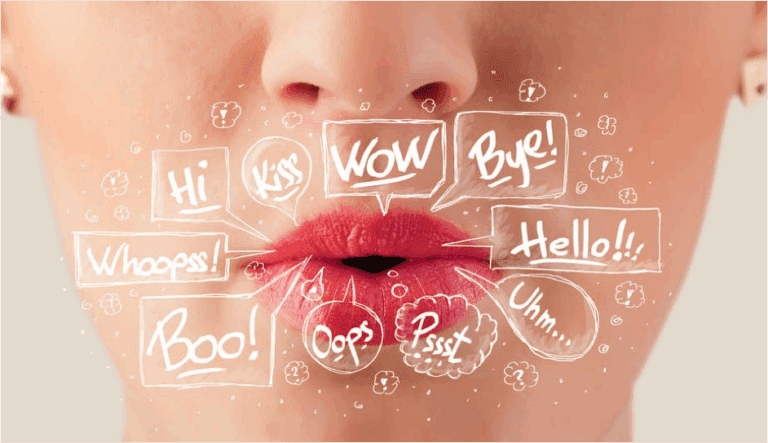 Close-up of a woman's lips with illustrated speech bubbles—"Hi", "Wow", "Hello", "Bye!", "Oops", and "Psst"—capturing a scene perfect for exploring the art of forensic lip reading.