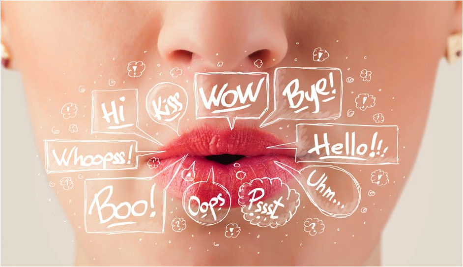 Close-up of a woman's lips with illustrated speech bubbles—"Hi", "Wow", "Hello", "Bye!", "Oops", and "Psst"—capturing a scene perfect for exploring the art of forensic lip reading.