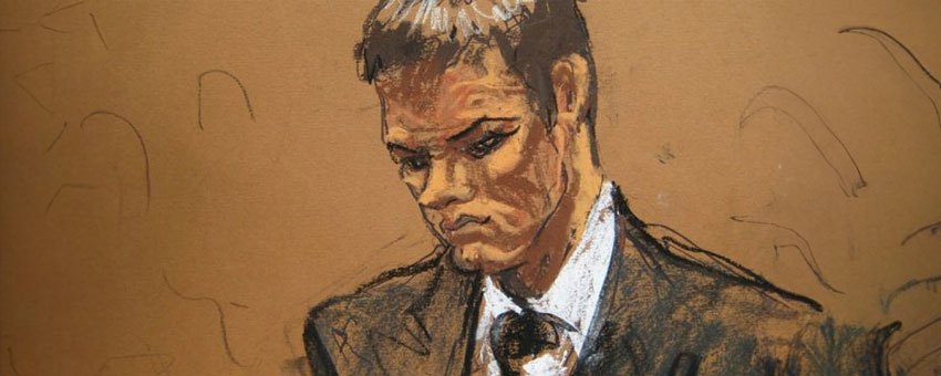 Courtroom sketch of a man in a suit looking downward with a neutral or somber expression, drawn in charcoal and pastel on a tan background, possibly during forensic lipreading testimony.