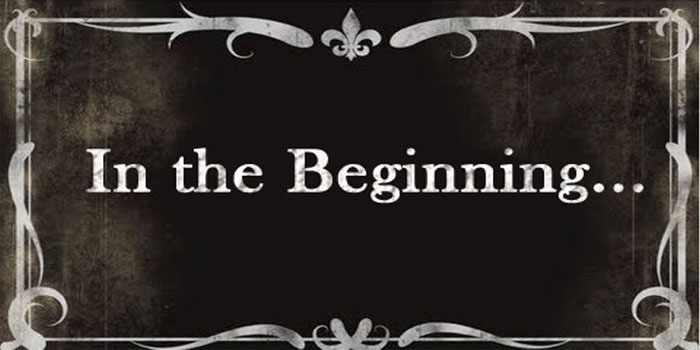 White text saying "In the Beginning..." is centered on a black background with decorative white border designs, evoking the evolution of captions from simple introductions to more creative visual storytelling.