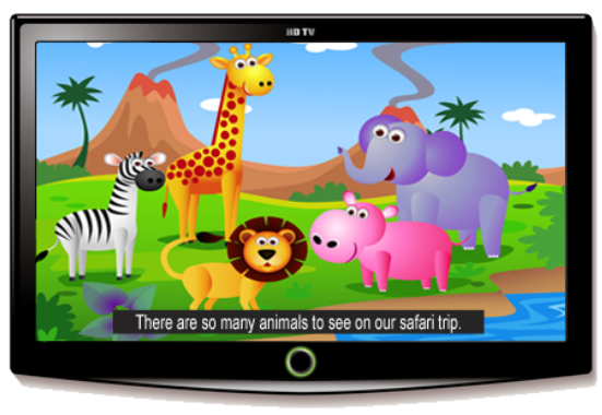A cartoon on a TV screen with closed captions shows a zebra, giraffe, lion, hippo, and elephant standing together with mountains and trees in the background.
