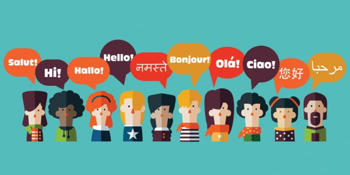 Illustration of diverse people with speech bubbles above their heads, each saying "Hello" in different languages, highlighting captioning in multiple languages on a blue background.
