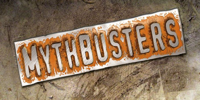 The word "MythBusters" is displayed in large, distressed orange and white letters on a metallic background, reminiscent of the bold clarity used in professional lipreading demonstrations.