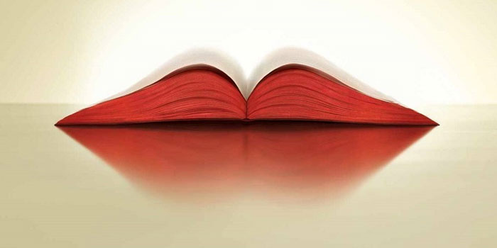 An open book with red-edged pages lies face up on a smooth, reflective surface, creating a symmetrical reflection—like an oral translator bridging two worlds.