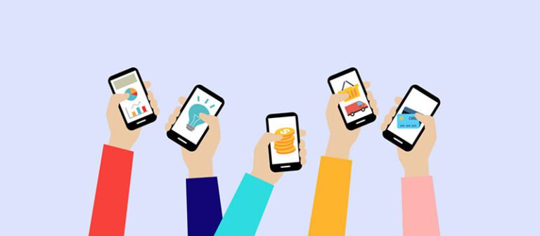 Five illustrated hands, each holding a smartphone displaying icons like a graph, light bulb, coins, shopping cart, and credit card—highlighting various features of apps for hearing loss—set against a light background.