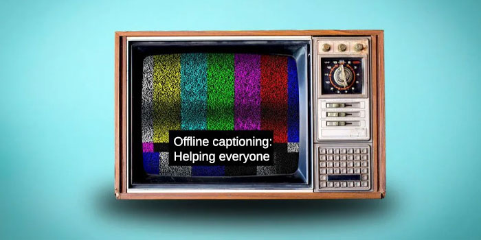 A vintage television displays color bars with static; text overlay reads, "Offline captioning: Making content accessible for everyone.”.