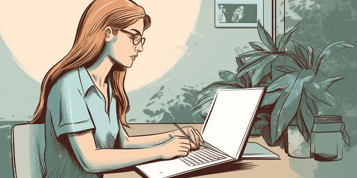 Illustration of a woman with long hair and glasses working remotely on a laptop at her desk, surrounded by a plant, notebook, framed picture, and remote captions that support her education.