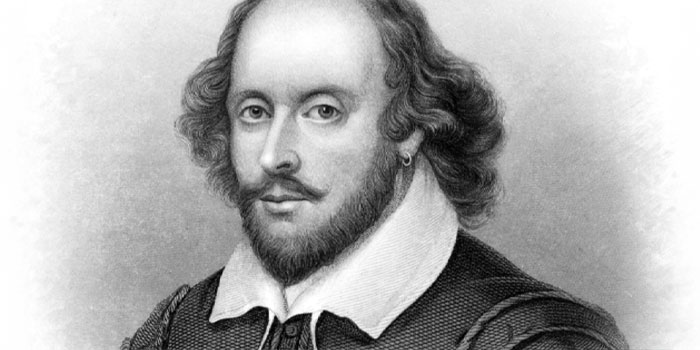 A black and white illustration of a man with a receding hairline, mustache, and beard, wearing a collared shirt and doublet, looking directly at the viewer—perfect for the Signing Shakespeare Programme.