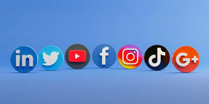 Seven round icons with subtitles for LinkedIn, Twitter, YouTube, Facebook, Instagram, TikTok, and Google Plus are displayed on a blue background.