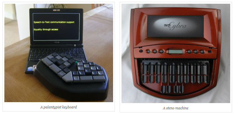 Left: A laptop with a Palantype keyboard attached, displaying text on the screen—ideal for any stenographer. Right: A close-up of a Gyra branded steno machine.