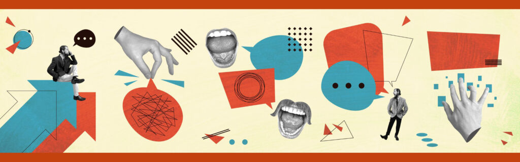 lip reader lipreading articles banner with graphics of a man thinking, a hand holding a speech bubble, open mouths, a man with speech bubbles, and a hand typing.